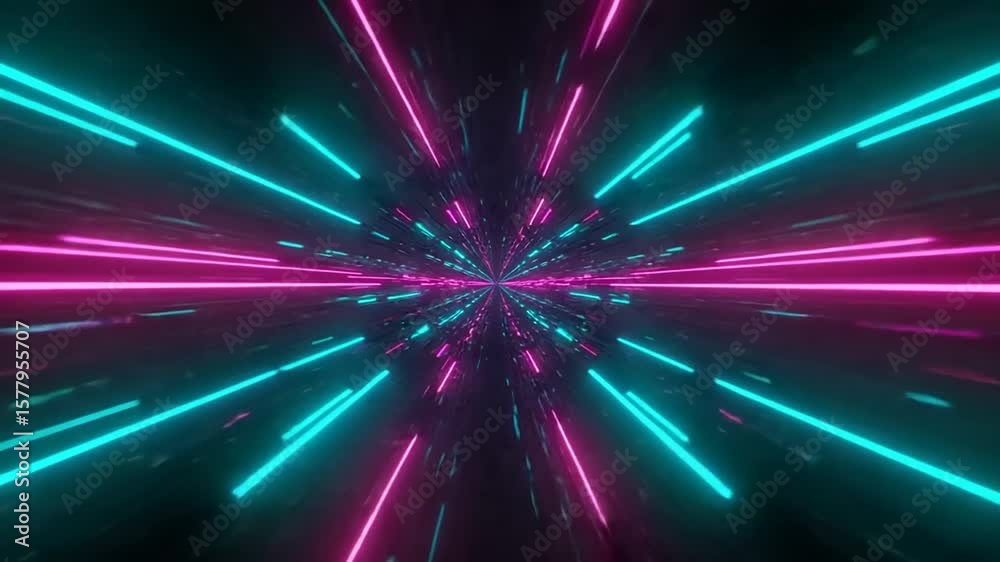 Neon lights create a tunnel effect with vibrant cyan and magenta hues radiating from a central point into darkness