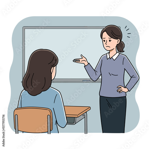 Teacher showing dissatisfaction with a student in a classroom setting against