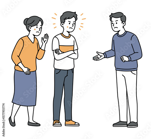Two adults arguing with a teenage boy showing discontent