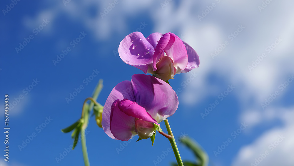 Fototapeta premium Two Purple Sweet Pea Flowers Dew Drops Blue Sky Background Vivid Color Closeup Nature Photography