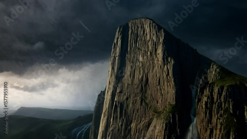 Dramatic lightning strike illuminates a rugged mountain peak with cascading waterfalls