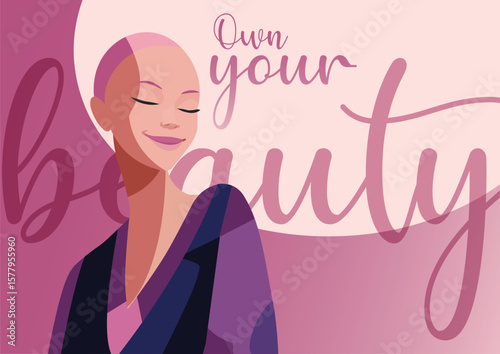 bald woman cancer survivor illustration with own your beauty quote, empowering chemotherapy strength vector art, feminine self love awareness poster design for inspirational decor