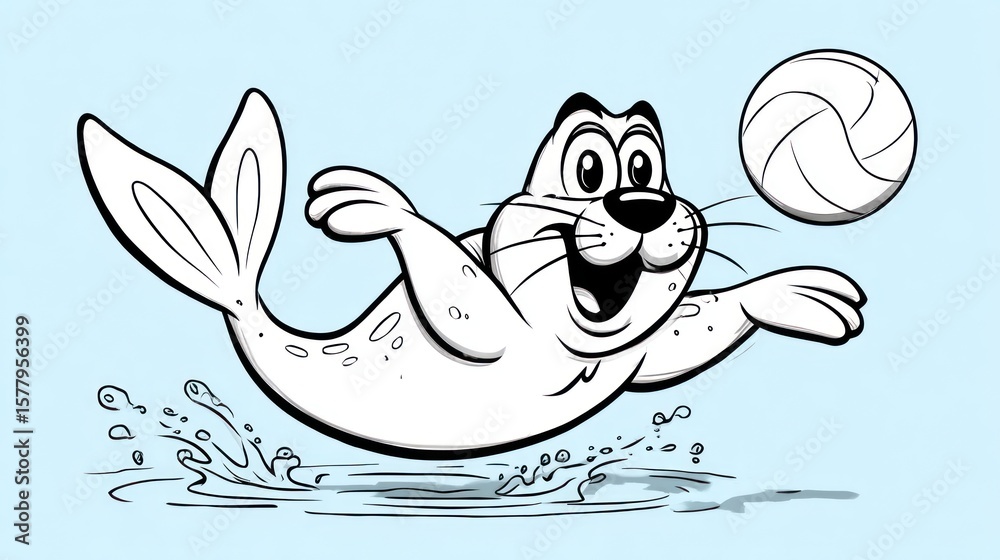 Obraz premium Cartoon seal playing volleyball in water