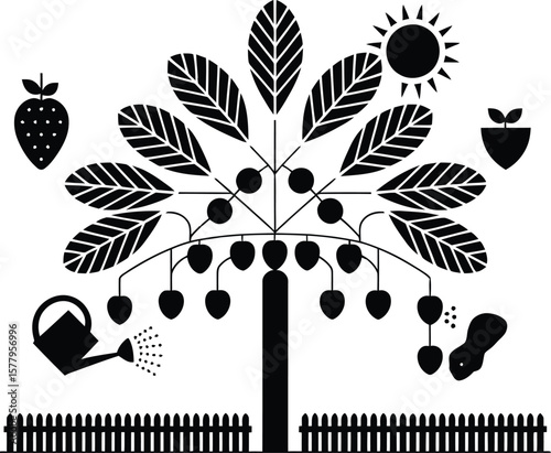 Strawberry Tree Gardening Icon in black. Farming Illustration with Sun, Watering Can, and Fence. Vector art.