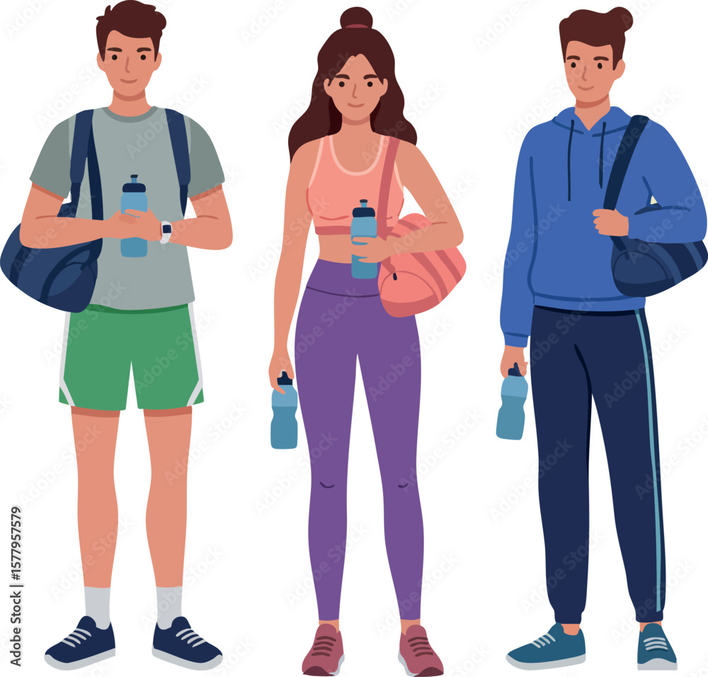 Fototapeta premium Young adults holding water bottles dressed in casual sportswear standing with gym bags active lifestyle illustration