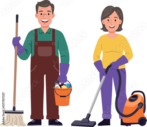 Elderly couple cleaning house with mop bucket and vacuum cleaner in casual clothing vector illustration