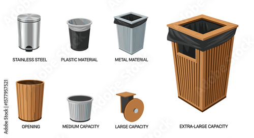 Collection of various trash cans of different materials and sizes. 