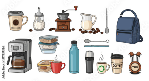 Coffee and breakfast items on a white background. 