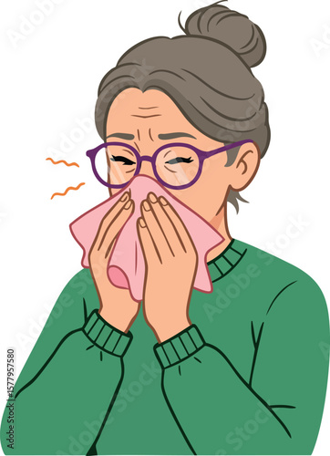 Elderly woman sneezing with tissue feeling sick and tired in casual green sweater vector illustration