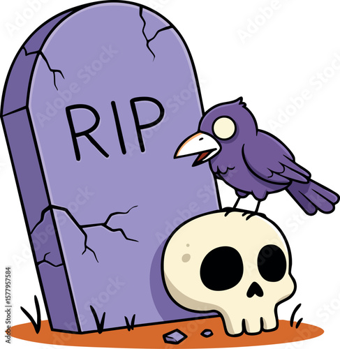 Purple cracked gravestone with skull and black crow sitting on top spooky vector illustration for Halloween or horror theme