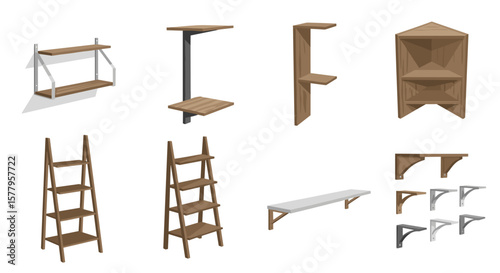 Assorted wood shelving units and ladders.