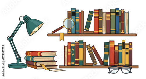Collection of books and reading tools for learning. 