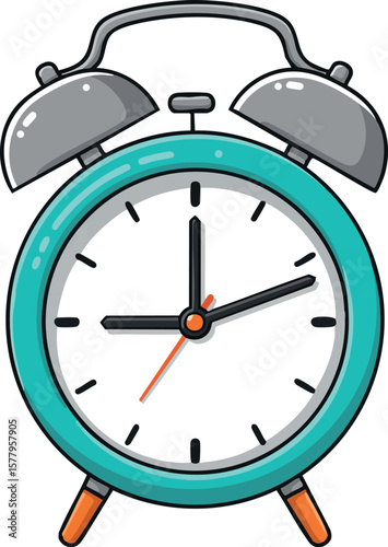 Retro style teal and gray alarm clock with orange legs and second hand vector illustration for time management and waking up concepts