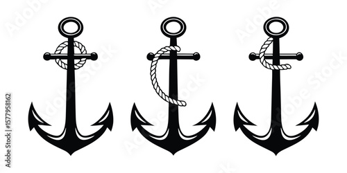 Seamless Pattern of Black Anchors with Rope on White Background Nautical Theme Marine Symbol Vector Illustration for Textile Wallpaper Wrapping Paper and Backgrounds Simple Style
