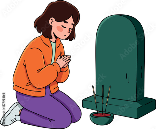 Woman praying in front of grave with incense sticks in bowl spiritual moment vector illustration