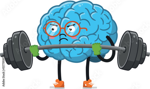 Brain character lifting heavy barbell weight showing mental strength and fitness concept vector illustration
