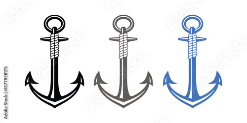 Three Anchor Icons in Black Gray and Blue on White Background Nautical Theme Marine Symbol Simple and Clean Design Vector Illustration Isolated Graphic Element