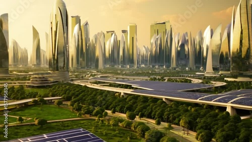 Futuristic eco cityscape with solar panels and elevated transport systems