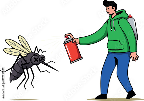 Man spraying insecticide on large mosquito pest vector illustration with green hoodie and blue pants