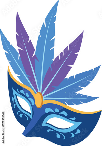 Feathered masquerade mask with blue and purple feathers vibrant carnival accessory design vector illustration