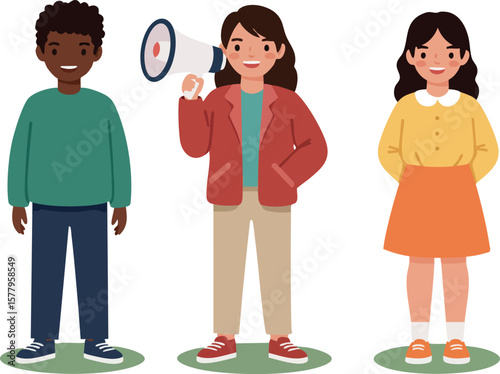 Group of diverse young people standing together with one holding megaphone for communication or protest vector illustration