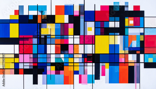 Vibrant Geometric Grid of Colorful Rectangles and Intersecting Lines on White Background