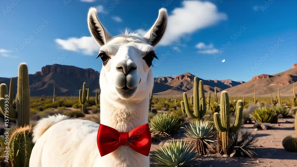 A white llama in the desert says 