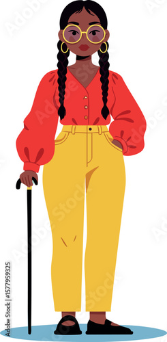 Woman with walking cane wearing yellow pants and red blouse standing with stylish glasses and braided hair vector illustration