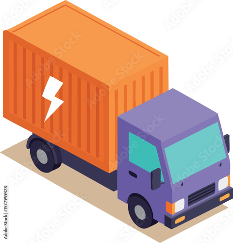 Electric cargo truck with orange container and purple cab in isometric style vector illustration for logistics and delivery concepts