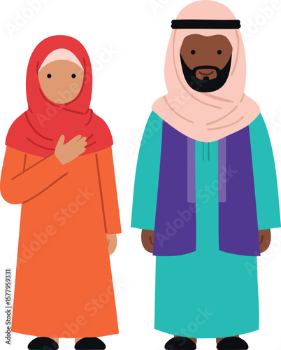 Muslim man and woman wearing traditional clothing standing together in cultural attire vector illustration