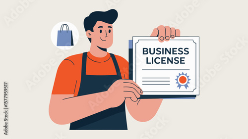 small business owner proudly holding a license certificate, vector illustration for obtaining a business license, startup validation and official company registration