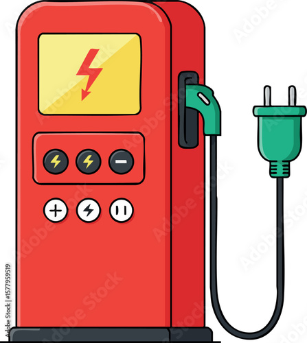 Electric vehicle charging station with green power plug and red body vector illustration for eco transportation and energy saving concept