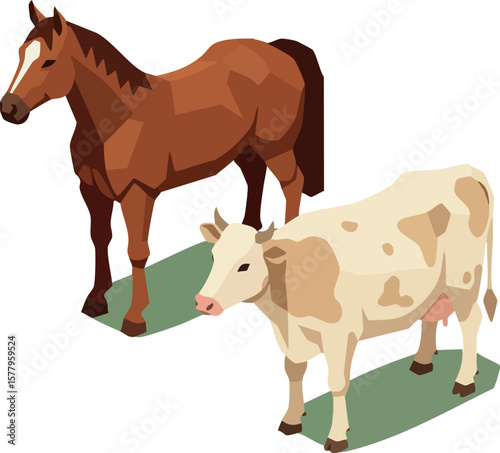 Brown horse and white cow standing together on green grass isometric farm animals vector illustration