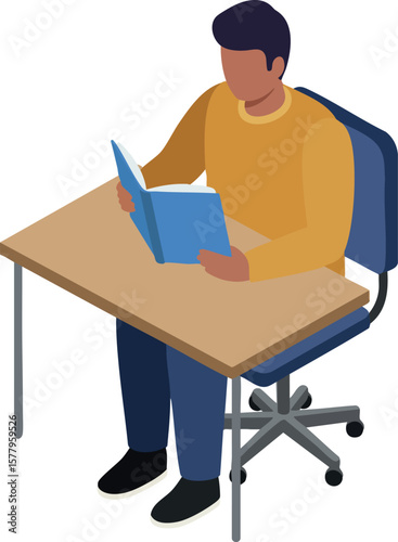 Young man reading book at desk sitting on office chair in casual outfit vector illustration