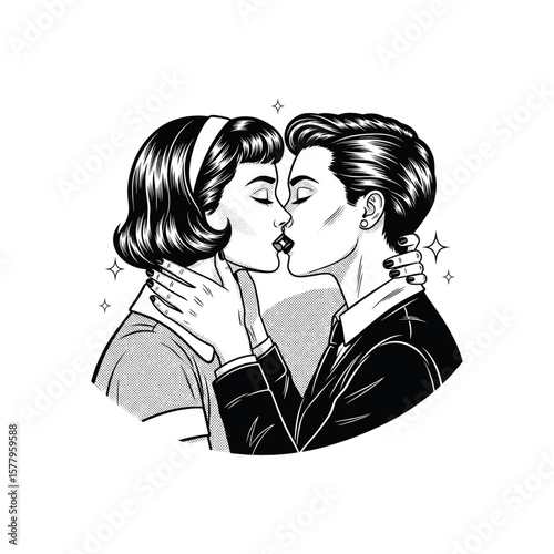 Retro Kissing Couple, drawn in an engraved, woodcut style with fine details sketch engraving vector illustration. Scratch board imitation.