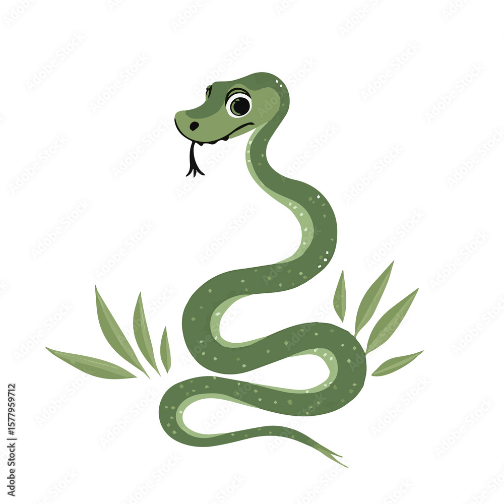 Naklejka premium Playful green snake coiled with charming features and a cheeky expression on a transparent background