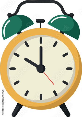Vintage style yellow and green alarm clock vector with simple design and classic bells ticking time concept illustration