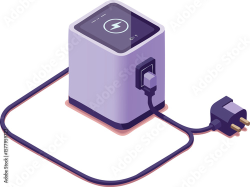 Electric charger cube with power plug and charging cable in modern isometric style for technology and energy use