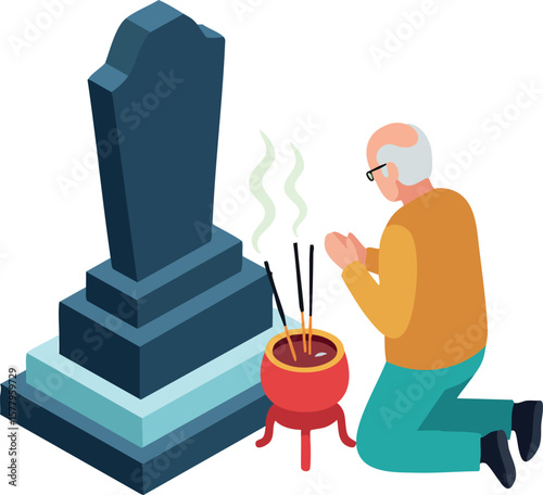 Elderly man praying at gravestone with incense burning in pot vector illustration for memorial and remembrance themes