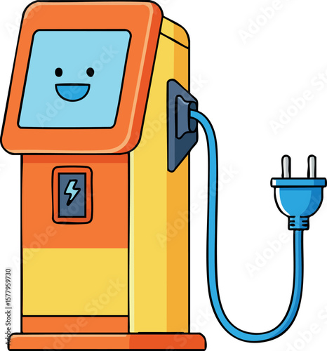 Electric vehicle charging station with smiling face and blue power plug vector illustration for eco friendly energy solutions