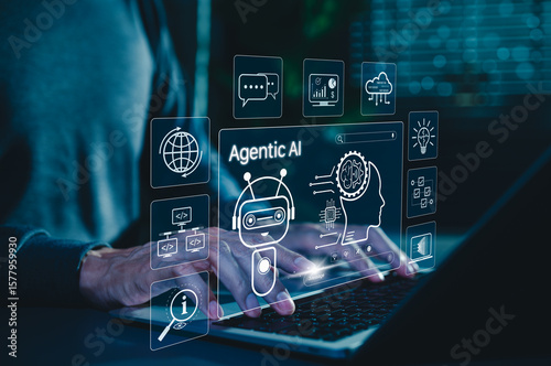 Agentic AI Technology for Intelligent Digital Automation Systems. Man using laptop with robot, brain, agentic AI icons, advanced artificial intelligence, automation, intelligent solutions, modern tech