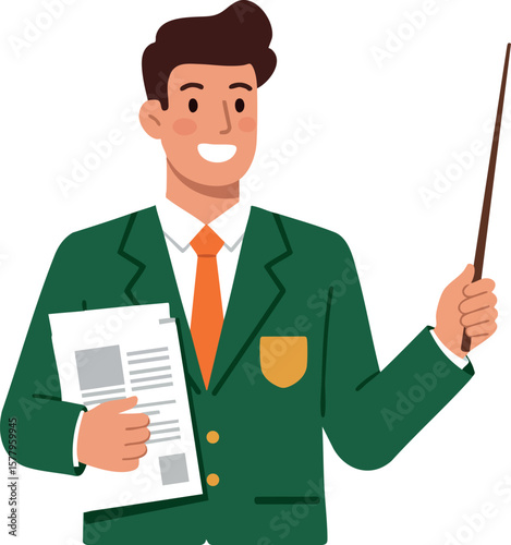 Male teacher holding paper and pointer in green blazer with orange tie vector illustration for education and presentation concepts