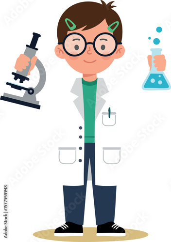 Boy scientist holding microscope and flask in white lab coat with glasses and green hair clips vector illustration