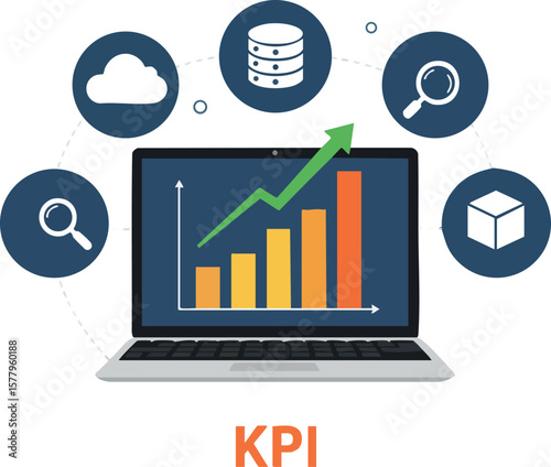 KPI concept laptop with rising bar chart analytics and data icons for business growth and performance tracking vector illustration