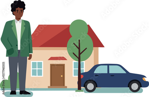 Man standing near suburban house with red roof and blue car in front yard vector illustration