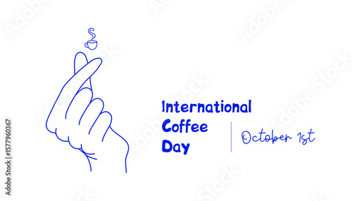 International Coffee Day. Hand gesture of love with coffee cup. Minimalistic hand drawn linear vector illustration in blue.

