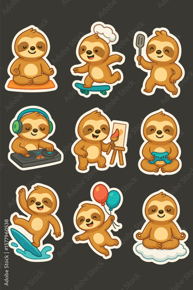 Fototapeta premium Cheerful Cute Sloth Stickers Performing Yoga, Skateboarding, Cooking, Gaming, Surfing and More