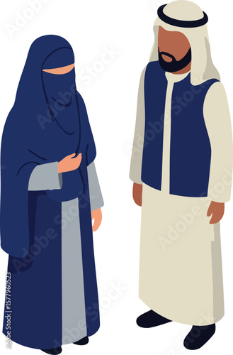 Middle Eastern man and woman wearing traditional clothing in vector style illustration with navy blue and beige colors