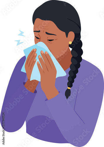 Woman sneezing with tissue in purple sweater showing cold flu symptoms and illness vector illustration