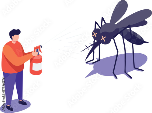 Man spraying insecticide to kill giant mosquito in vector style illustration with purple and orange colors